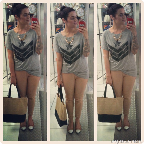 look calça de couro nude renner, camiseta, sapatilha e bolsa bicolor