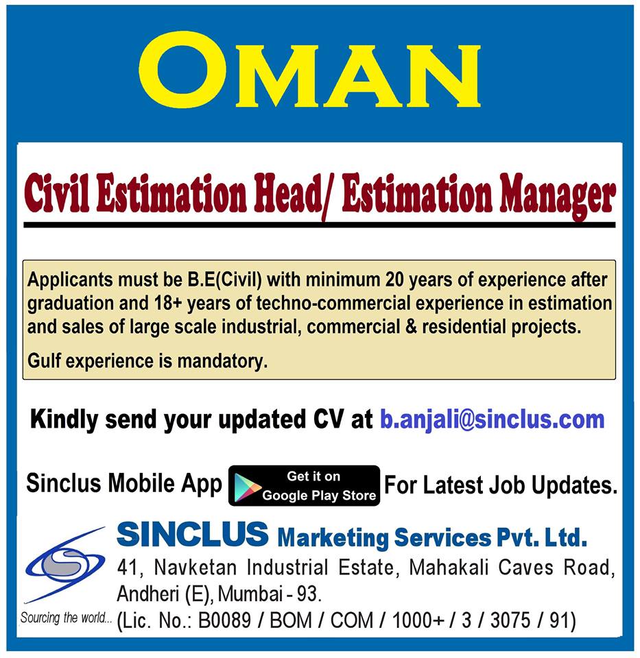 Civil estimation Head Estimation Manager required for