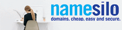Banner for namesilo find cheap domain names, with woman with her laptop
