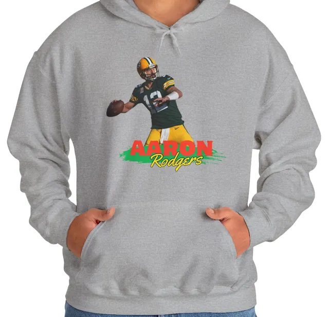A Unisex Hoodie With NFL Player Aaron Rodgers About to Throw the Duke With Right Hand and Text