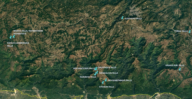 Map of Waterfalls in Meghalaya