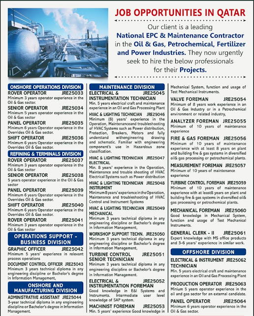 Qatar job vacancy - Onshore & offshore project