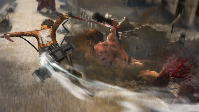 Eren atakujący tytana w grze PS3 i PS4 Attack on Titan