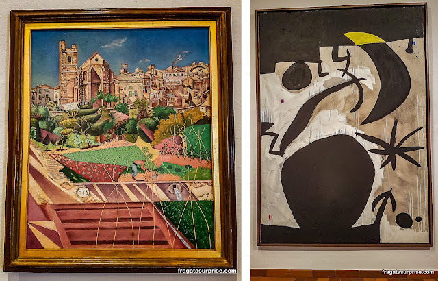 "A vila e a igreja de Monte Roig" (1919) e "Mulher e pássaros na noite" (1974), obras de Joan Miró