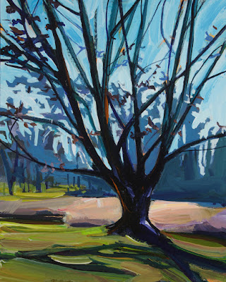 An acrylic painting of a tree at the botanical gardens.