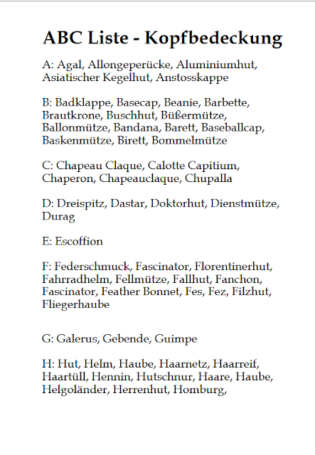 Ausarbeitung in PDF-Datei: Abc Liste - Kopfbedeckungen