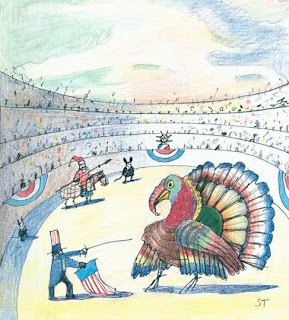 illustration by Saul Steinberg for the NewYorker magazine cover of a turkey at thanksgiving