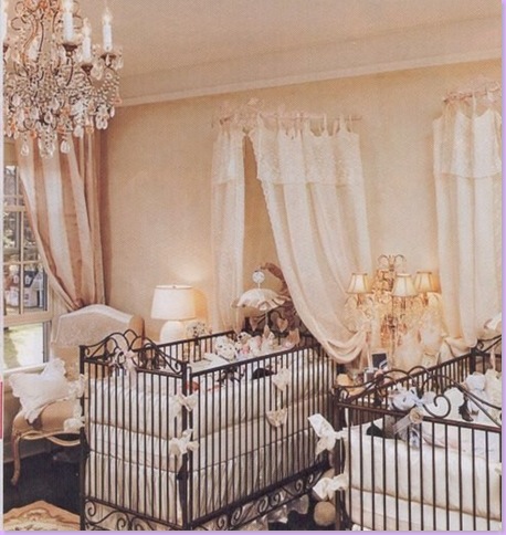 Jennifer Lopez boy/girl twins baby nursery is decorated in soft neutrals.