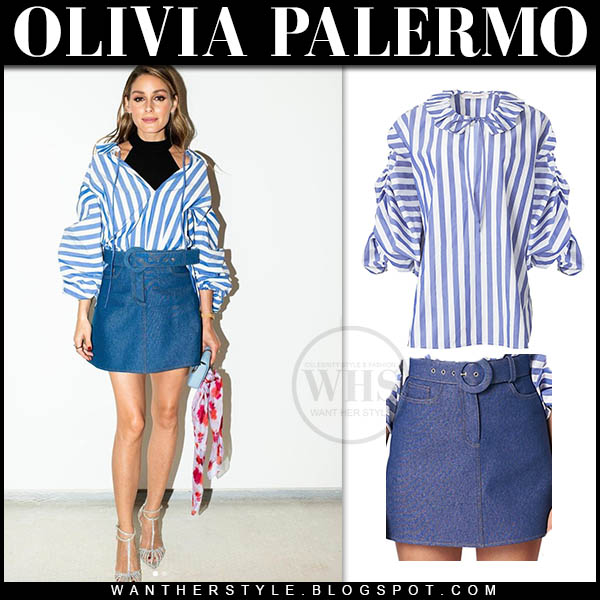 Olivia Palermo in blue denim belted mini skirt and striped blouse