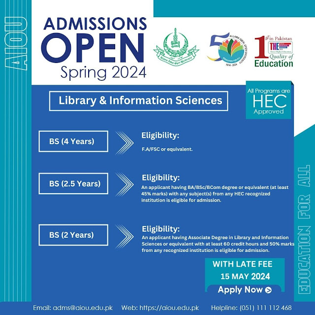 Image announcing the admission for BS Library and Information Sciences program at Allama Iqbal Open University for Spring 2024, targeting international students and highlighting the global scope of the field