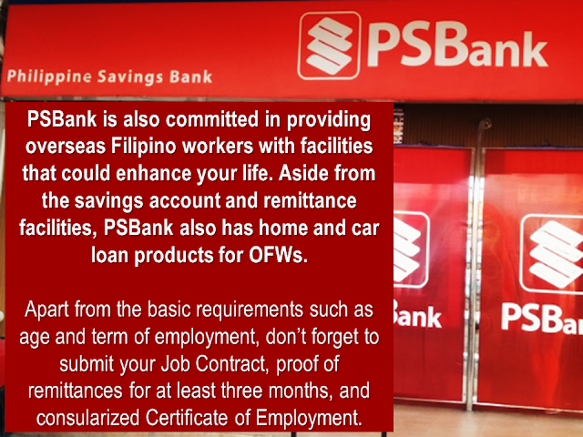 Bangko Sentral ng Pilipinas (BSP) data shows that  Overseas Filipino Workers remittances in 2017 amounted to $ 25.318 billion. Being called as "modern heroes", OFWs continue to keep the Philippine economy afloat while providing the needs of theitr family back home.   The government has formulated and implement different programs and assistance for them through OWWA and other government entities as an appreciation for what their sector has been doing for the nation .  Aside from government efforts to help the OFW, there are private financial institutions that offer loan packages specifically designedn for OFWs.     Could it be a business loan, a personal loan, housing loan, or car loan, these banks are willing to extend their arms and reach the OFWs:  1. Bank of the Philippine Islands (BPI)  BPI offers variety of loan facilities for both land-based and sea-based migrant workers. This includes Personal Loan up to P1 million, Housing Loan, and Auto Loan designed for OFWS.  To apply, you must be a Filipino citizen and 21 years old and above and not more than 60 years at the time of loan maturity. You must also submit government-issued IDs and your latest and unexpired POEA contract or current employment contract with boarding date.  Visit www.bpiloans.com to apply online.   2. BDO Unibank (BDO)  BDO established the Asenso Kabayan Program to provide financial assistance to OFWs who wish to apply for a home, auto, or personal loan.  BDO bank loan requirements are: borrower must be at least 25 years old but not more than 65 years by the time your loan matures and employed for at least two and three years for skilled workers and domestic helpers, respectively.  You can also download BDO application form for loan on their website, www.bdo.com.ph  3. Chinabank   Chinabank offers Overseas Kababayan Services, which provides secure, reliable, and competitive products that allow you to manage your remittances, investments, and personal needs. This includes home loan, car loan, and personal loans as well.  To apply for China Bank OFW loan, requirements include age of borrower between 21 and 65 years old upon maturity of loan and should not have any adverse credit findings like unpaid loans, cancelled credit cards, or bouncing checks among others.  Visit www.chinabank.ph for more information about their loan facilities.    Sponsored Links    4. Philippine National Bank (PNB)   “You First” is PNB’s tagline. True to its promise, PNB came up with Global Filipino program for OFWs. They offer auto loan and home loan for your family and avail of any of the facilities even when you are working overseas through their branches outside the Philippines.  Similar to other banks, you must be at least 21 years old to avail of any of the loan facilities and must not exceed 65 years old at the time of maturity. You must also be working abroad for at least two years to qualify.  Know more about PNB’s Global Filipino program here.  5. Philippine Savings Bank (PSBank)  PSBank is also committed in providing overseas Filipino workers with facilities that could enhance your life. Aside from the savings account and remittance facilities, PSBank also has home and car loan products for OFWs.  Apart from the basic requirements such as age and term of employment, don’t forget to submit your Job Contract, proof of remittances for at least three months, and consularized Certificate of Employment.  Check out PSBank’s loan facilities in their website.  6. RCBC Savings Bank (RCBC)   Whether it is a housing loan, car loan, personal loan, or a loan to help you start your business, RCBC got you covered. They provide flexible terms as well to make payment easier and more convenient for you.  You can learn more about RCBC’s consumer loans by checking out their website.  Check the loan facilities offered by various banks and ask about their interest rates and payment terms to help you decide which bank is the best one for you.    Read More:  Mortgage Loan: What You Need To Know Passport on Wheels (POW) of DFA Starts With 4 Buses To Process 2000 Applicants Daily  Did You Apply for OFW ID and Did You Receive This Email?    Jobs Abroad Bound For Korea For As Much As P60k Salary    Command Center For OFWs To Be Established Soon   ©2018 THOUGHTSKOTO  www.jbsolis.com   SEARCH JBSOLIS, TYPE KEYWORDS and TITLE OF ARTICLE at the box below