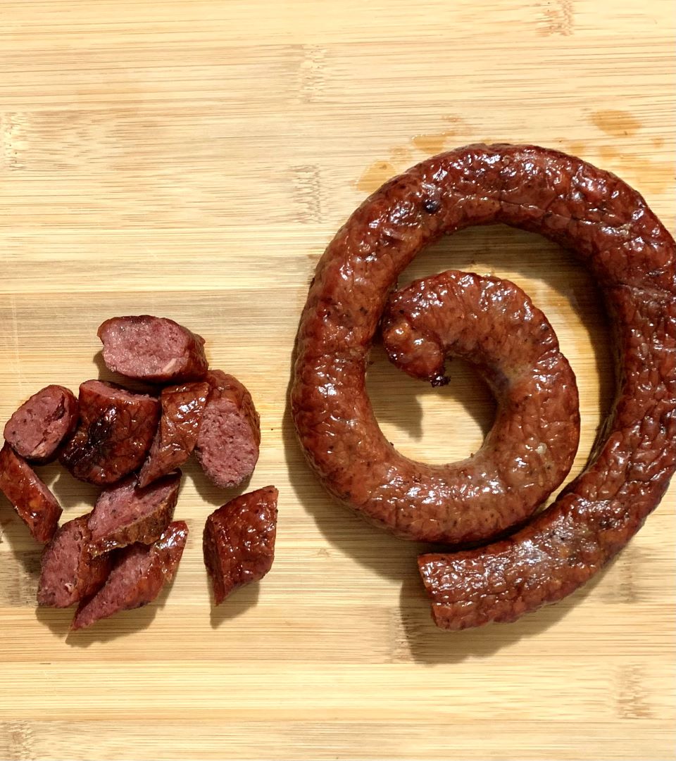 Smoked beef rope sausage link and pieces