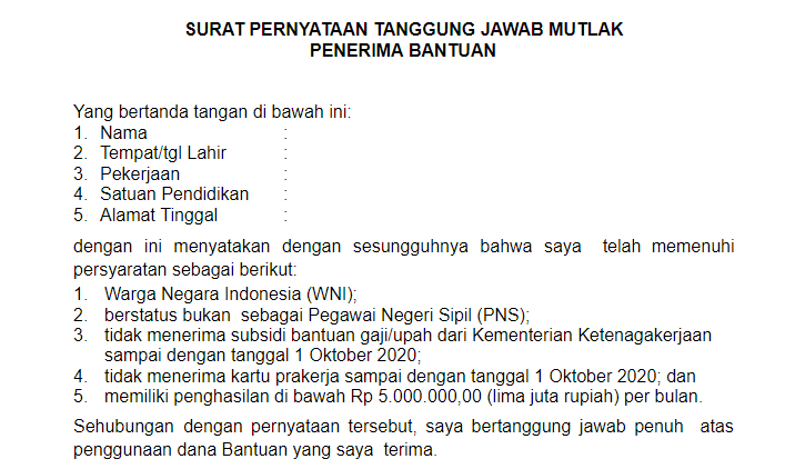 Surat Pernyataan Tanggung Jawab Mutlak (SPTJM) BLT BSU Guru Honorer