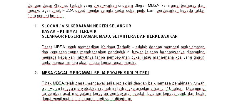 Surat Rayuan Kepada MBSA - Pengurangan Kadar Nilai Cukai 