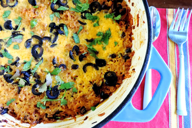 A pan full of the cheesy Mexican rice.