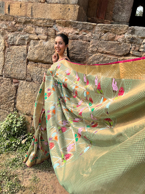 Double tissue kota doria saree with birds and floral motifs