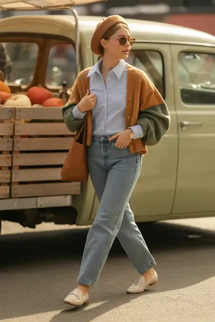 Cardigan + Oxford Shirt + Straight Jeans