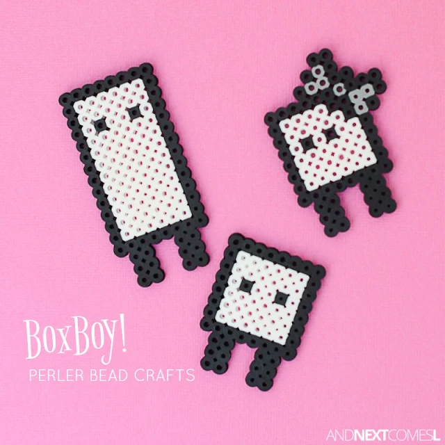 Perler bead crafts for kids based off the Nintendo 3DS game BoxBoy! from And Next Comes L
