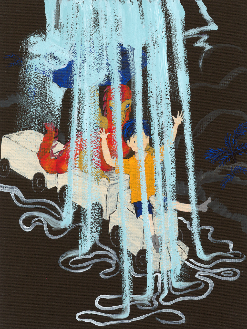 Tao and Hong splash through a waterfall