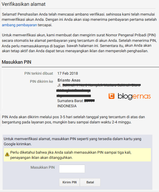 Cara Detail Verifikasi PIN Google Adsense