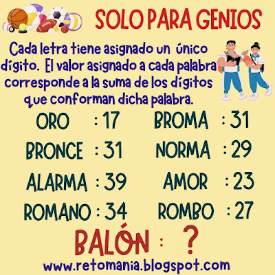 Desafío matemático, Reto matemático, Problema matemático, Problema de Ingenio, Matemática y Deportes, Descubre el Número, Solo para Genios