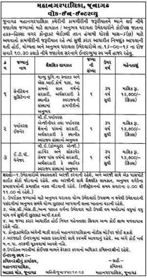 Junagadh Municipal Corporation Recruitment 2016 for Various Posts