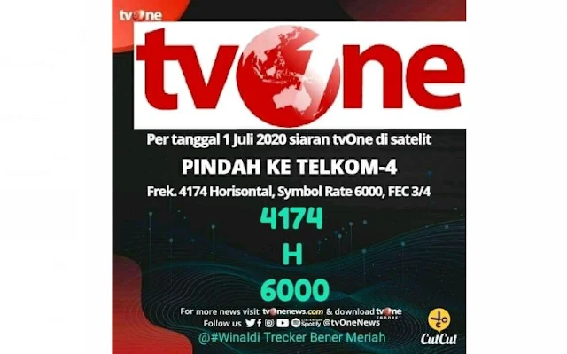 TV One Pindah Ke Telkom 4 Frek 4174 H 6000 per 1 Juli 2020