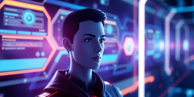 Futuristic virtual assistant avatar in a digital interface.