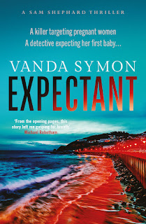 Cover for book "Expectant" by Vanda Simon. A blue sea, a blood red beach and a turquoise sky.