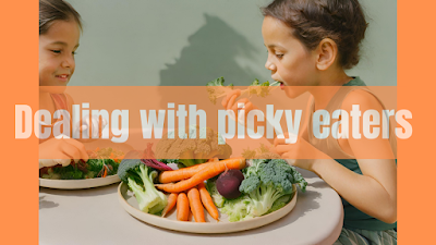 Two girls eating broccoli, carrots and other vegetables and showing that they are not picky eaters