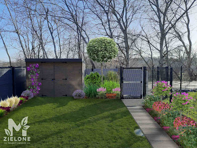 Wizualizacja wiosna projektu małego ogródka w zabudowie szeregowej
