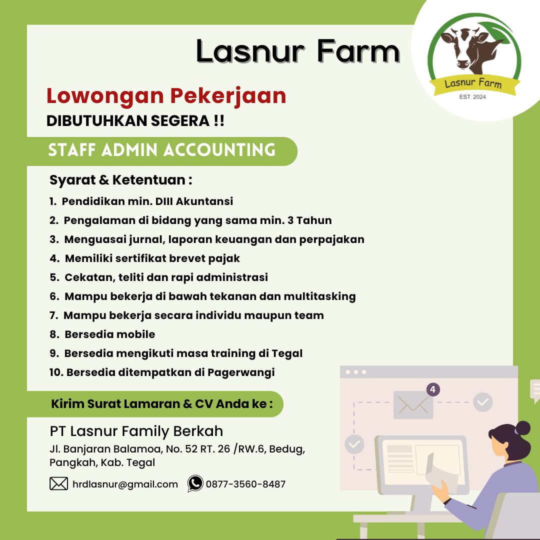 Loker Tegal di PT Lasnur Family Berkah, Resto Aladin, dan Lasnur Farm Mei 2024