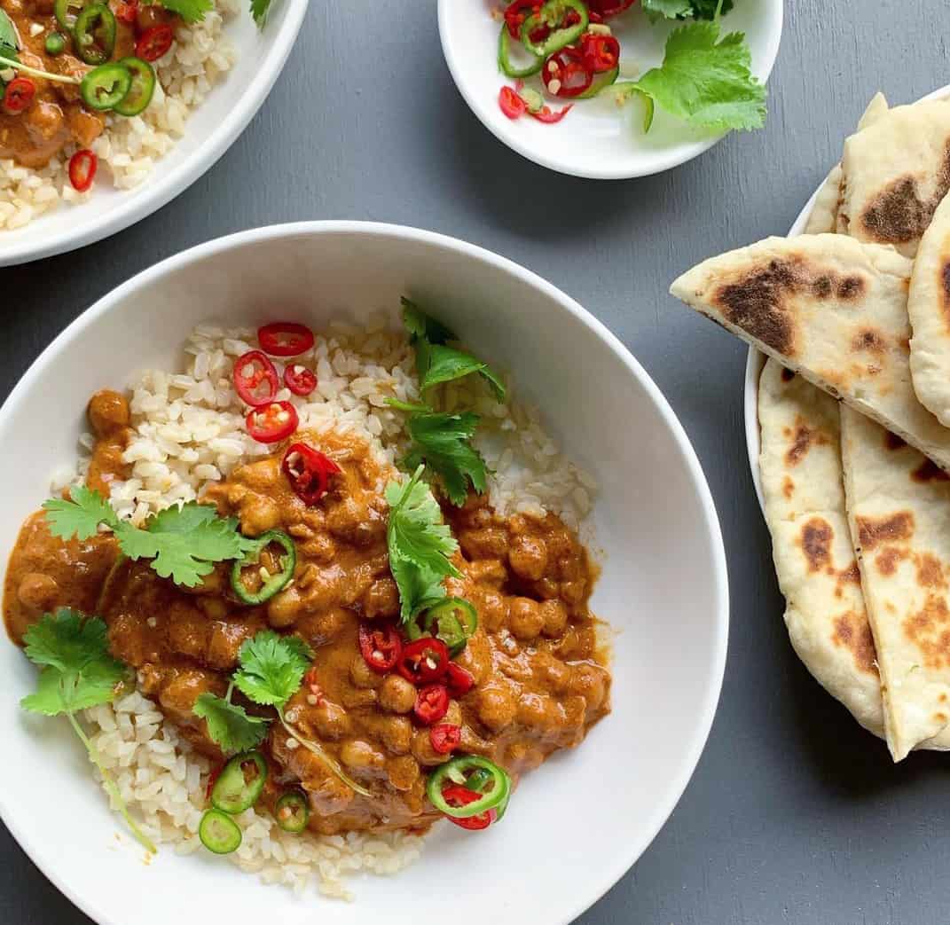 Serve butter chickpeas with whatever rice you have, naan breads and if you like - some chilli and coriander.