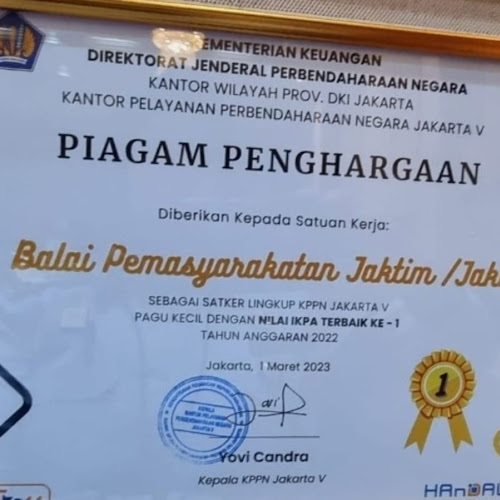 Meraih Penghargaan Terbaik Ke -1 Bapas Kelas I Jakarta Timur Utara menerima Penghargaan dalam Anugerah Kinerja Pelaksanaan Anggaran Tahun 2022