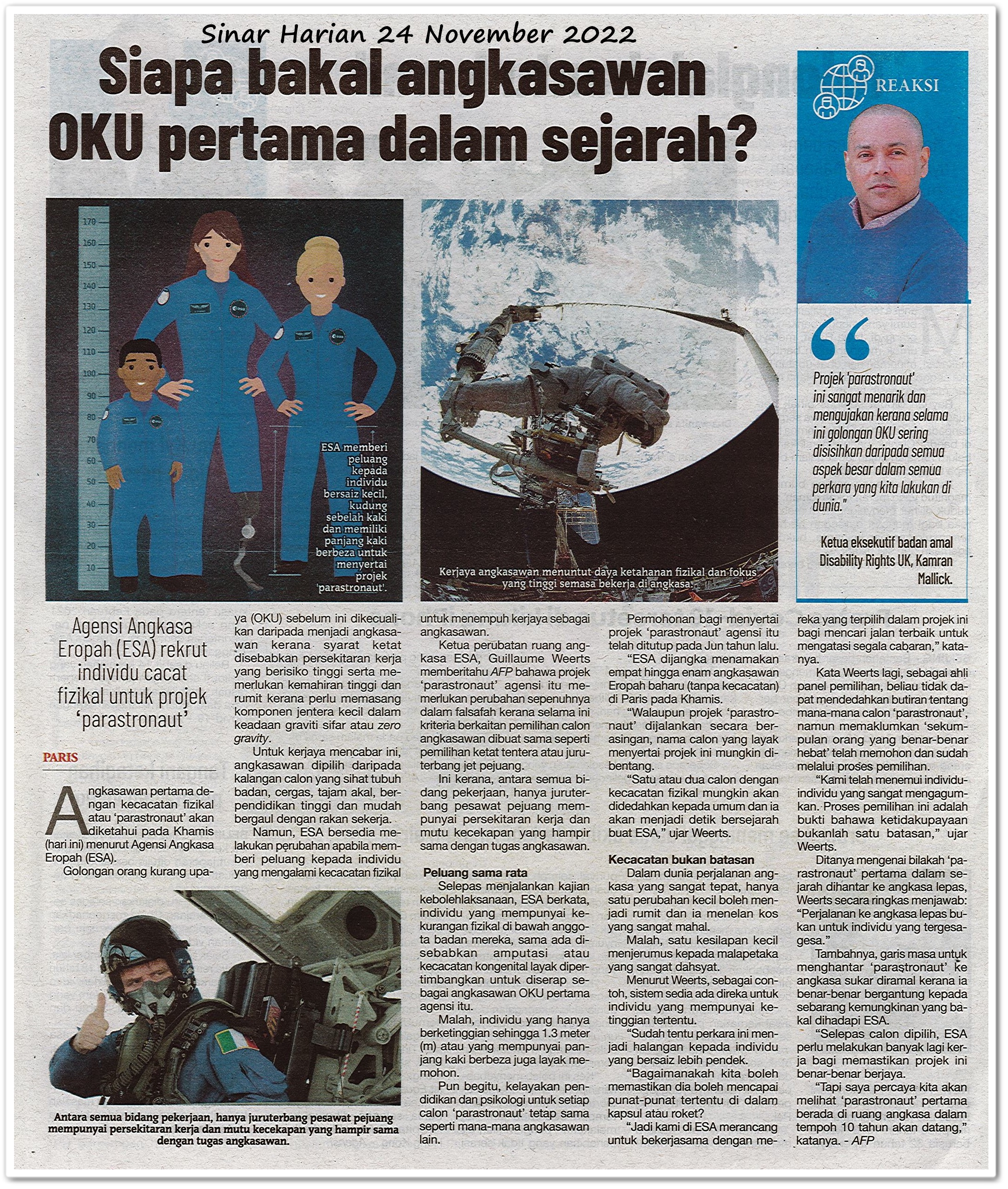 Siapa bakal angkasawan OKU pertama dalam sejarah? - Keratan akhbar Sinar Harian 24 November 2022