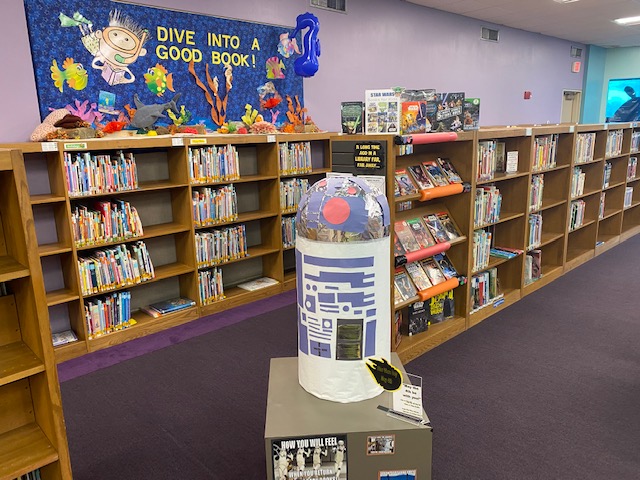 R2D2 display at Springville Road Library for May the 4th Be With You