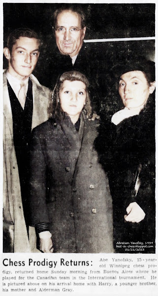 Chess Prodigy Abe Yanofsky, 15-year-old Winnipeg chess prodigy, returned home Sunday morning from Buenos Aires where he played for the Canadian team in the International tournament. He is pictured above on his arrival home with Harry, a younger brother, his mother and Alderman Gray.