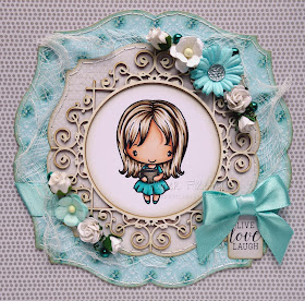 Shabby chic card using girl with coffee (image from The Greeting Farm) and embellishments from The Ribbon Girl