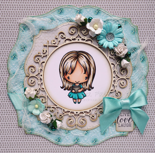 Shabby chic card using girl with coffee (image from The Greeting Farm) and embellishments from The Ribbon Girl