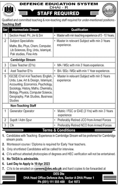 Defence Education System Jobs 2023 Teaching & Non-Teaching vacancies