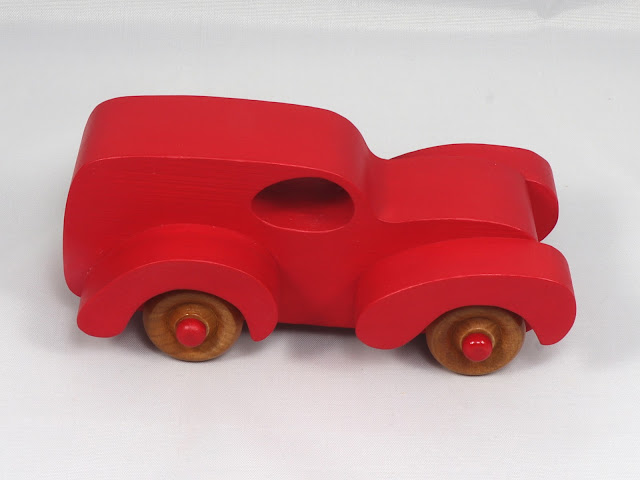 Handmade Wood Toy Truck Fat Fendered Freaky Ford Panel Wagon Hand Painted With Bright Red Acrylic Paint and Amber Shellac 1413270977