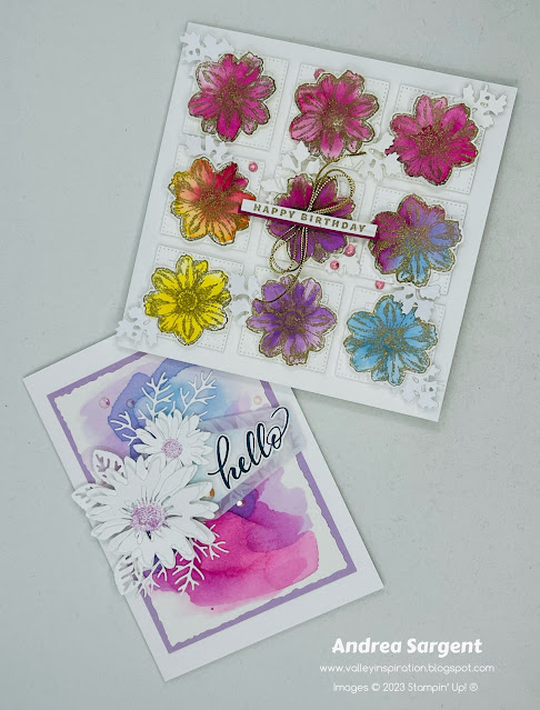 Water-colouring gold embossed flowers or a colourful background featuring Stampin’ Up!s Berry Burst creates delightful card to give to special people.