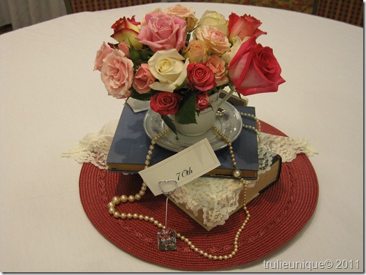 centerpieces, ribbons lace bows, victorian floral, victorian centerpieces