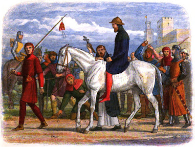 An artist's interpretation of the Earl of Lancaster being led to his execution. He is riding a horse.