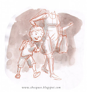 Sketchbook drawing of a boy shopping with his mother 
