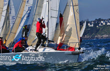 J80 sailboat- rounding mark at French Nationals, Saint Cast, France