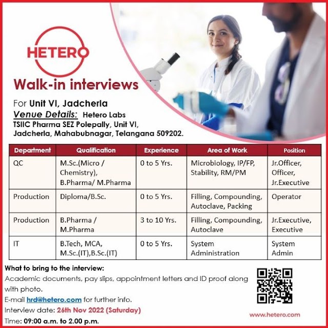 Hetero Labs | Walk-in interview at Hyderabad for Freshers and experienced in Prod/QC/IT on 26th November 2022