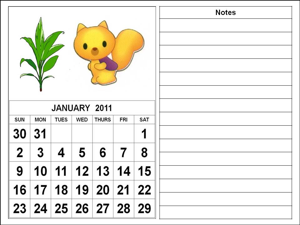 Cute Cartoon Calendar 2011 January for kids or children