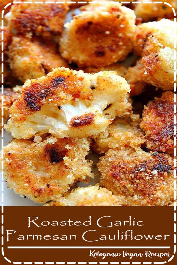 Crispy cauliflower bites with garlic Parmesan breading, baked in the oven instead of fried. So tasty!More roasted vegetable recipes