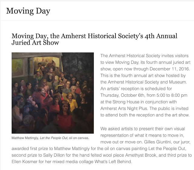 Screenshot of Amherst Historical Society webpage announcing Moving Day show and first prize for my painting "Let the People Out!" Full text in body of post.